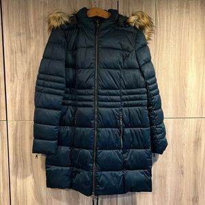 Nuage Stretch Puffer Coat with Removable Hood & Faux Fur Dark Ivy Large